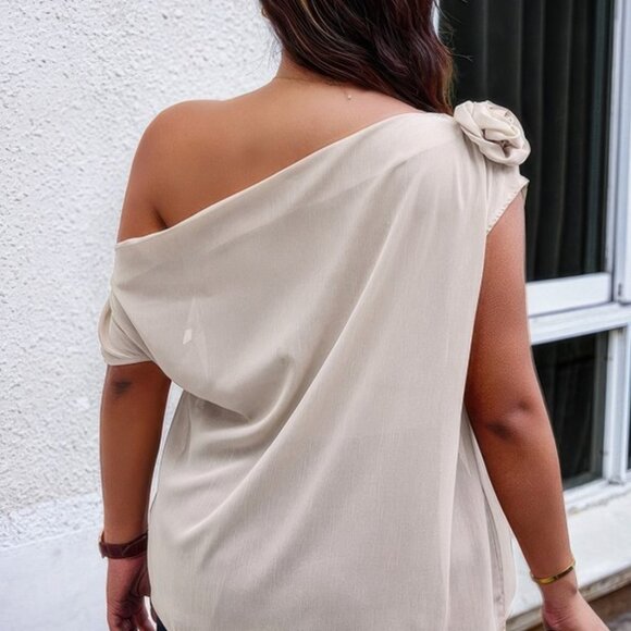 Beige Plus One Shoulder Top | Asymmetric Blouse with Floral Accent - Picture 3 of 4